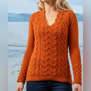 Cashmere/Wool ARAN Sweater Market Cable V-Neck in Red Earth NWOT